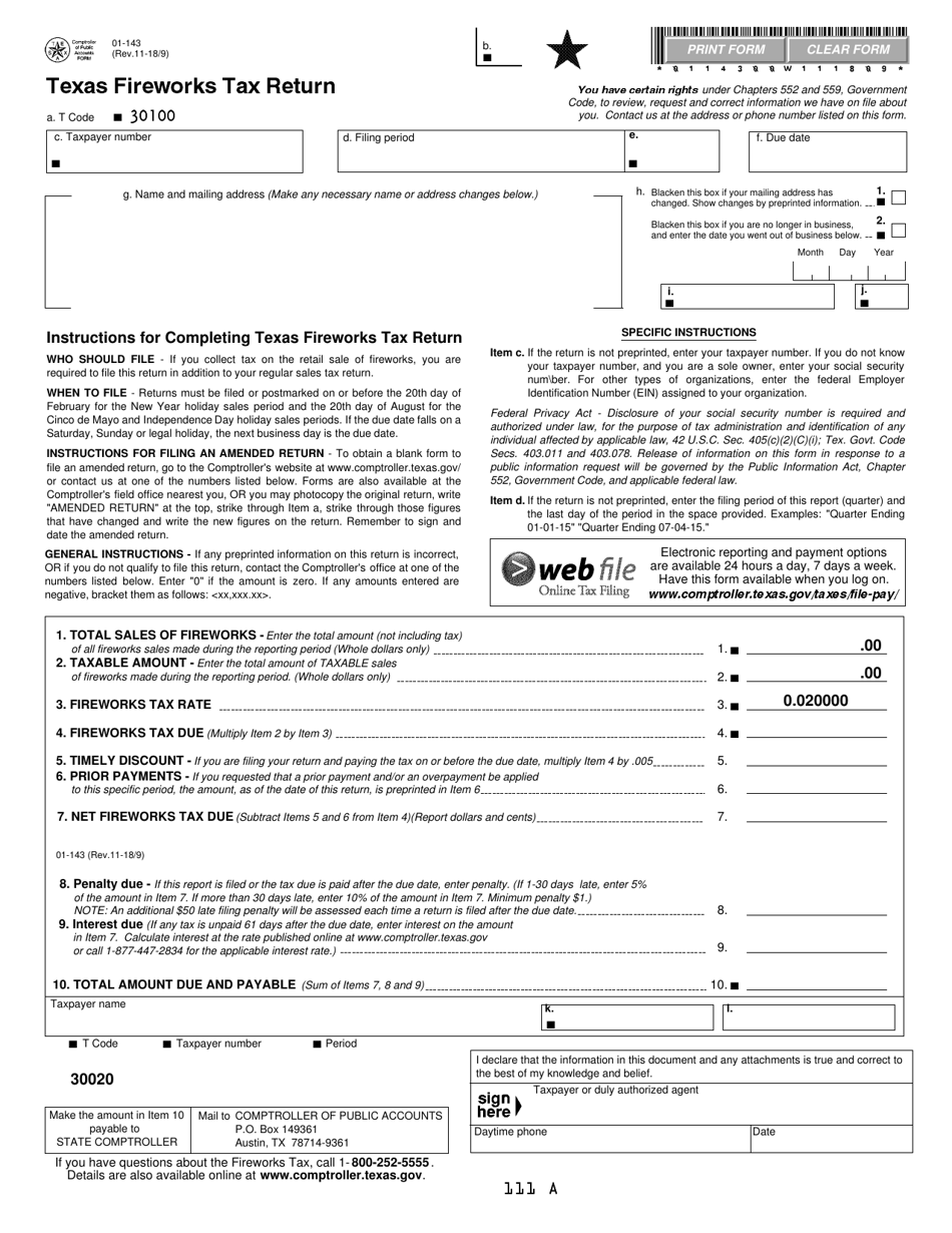 Form 01-143 Texas Fireworks Tax Return - Texas, Page 1