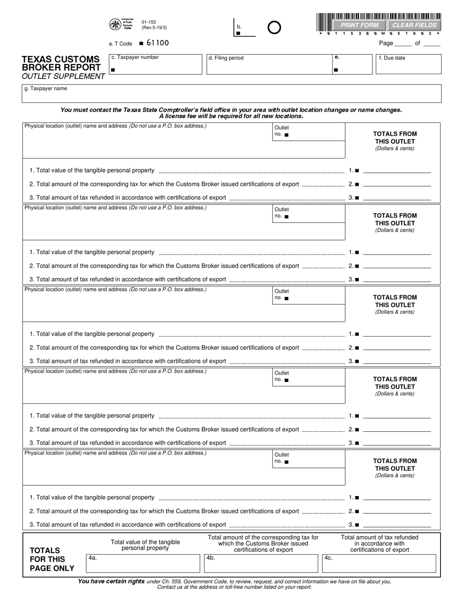 Form 01-153 Texas Customs Broker Report - Outlet Supplement - Texas, Page 1
