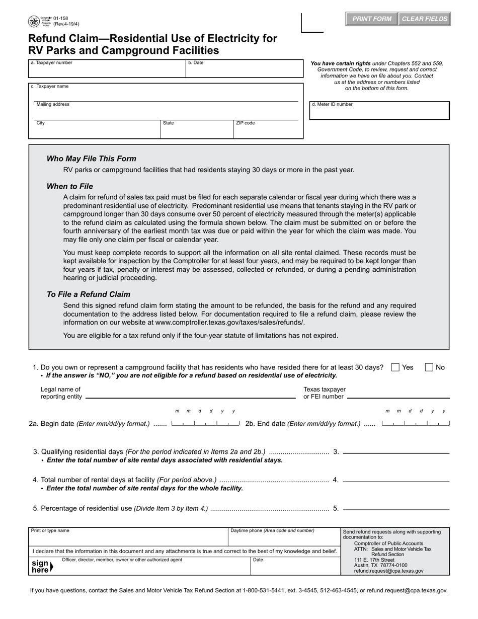 Form 01-158 Refund Claim for Residential Use of Electricity for Rv Parks and Campground Facilities - Texas, Page 1