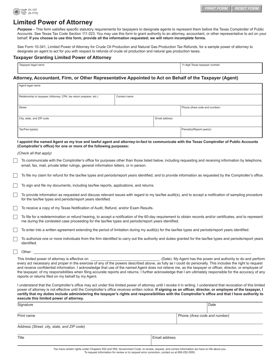 Form 01-137 Limited Power of Attorney - Texas, Page 1