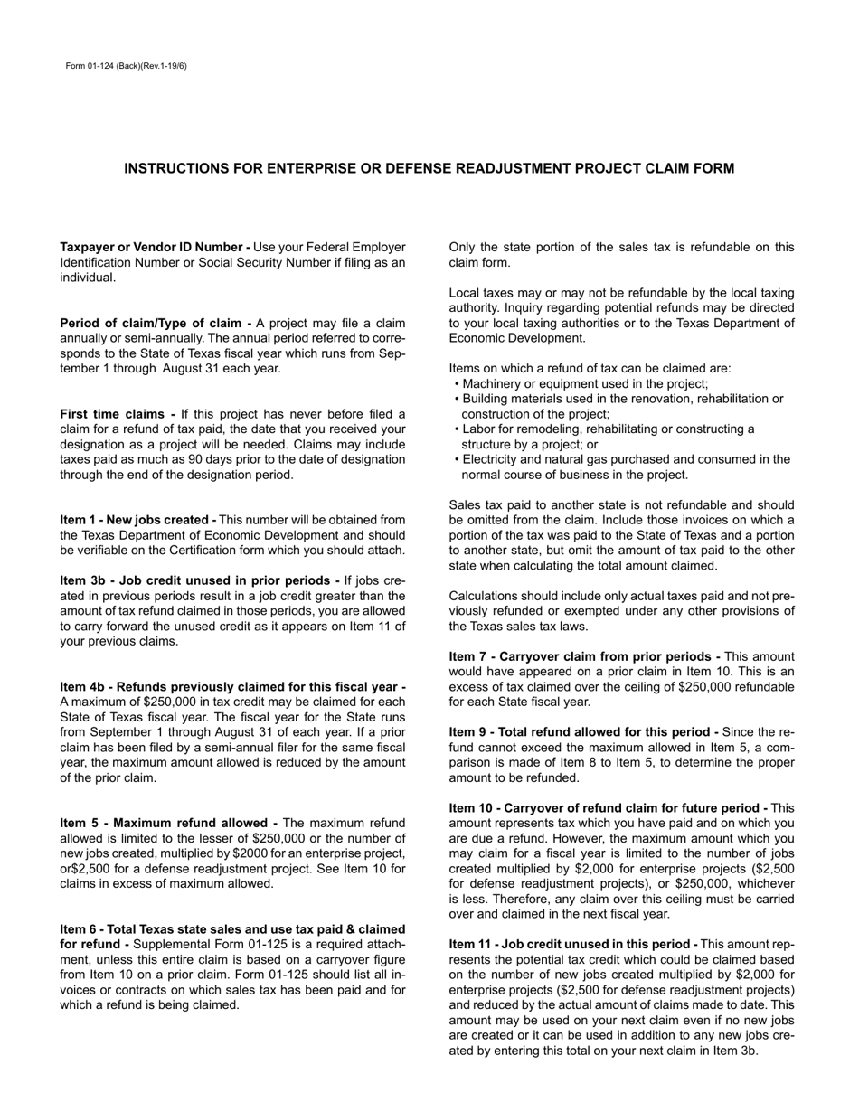 Form 01-124 Enterprise or Defense Readjustment Project Claim for Refund of Texas State Sales and Use Tax - Texas, Page 2