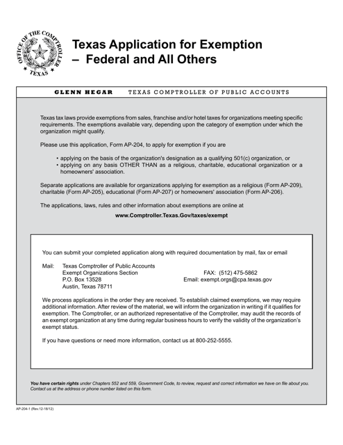Form AP-204 Texas Application for Exemption " Federal and All Others - Texas