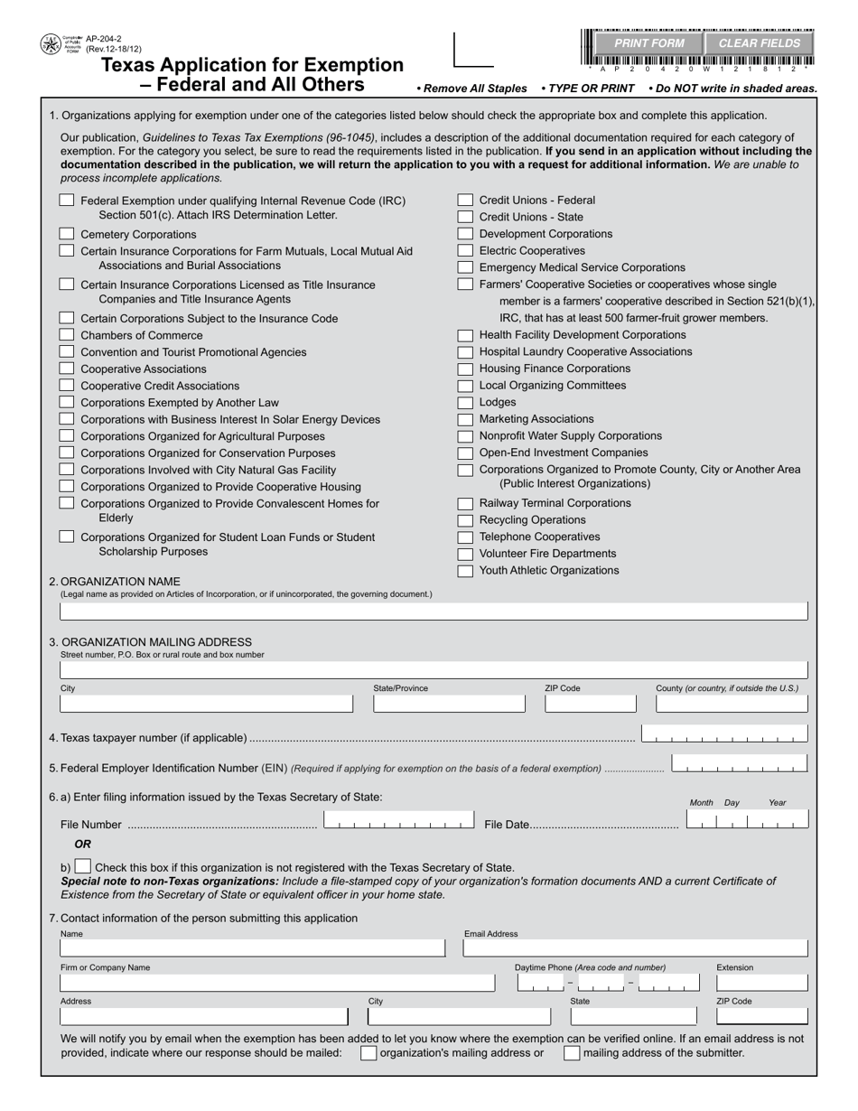 Form AP-204 Texas Application for Exemption  Federal and All Others - Texas, Page 2