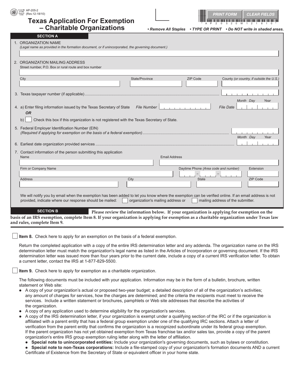 Form AP-205 Texas Application for Exemption  Charitable Organizations - Texas, Page 2