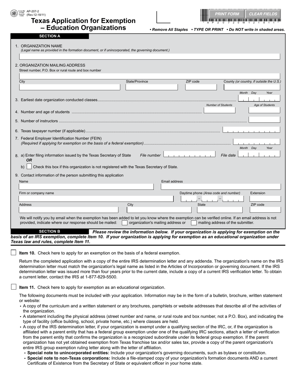 Form AP-207 Texas Application for Exemption  Education Organizations - Texas, Page 2