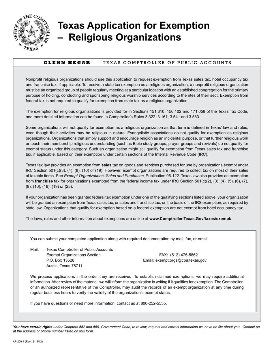 Form AP-209 Texas Application for Exemption  Religious Organizations - Texas, Page 1