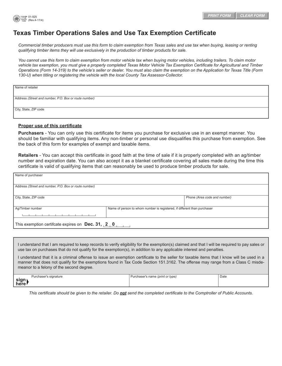 Form 01-925 Texas Timber Operations Sales and Use Tax Exemption Certificate - Texas, Page 1