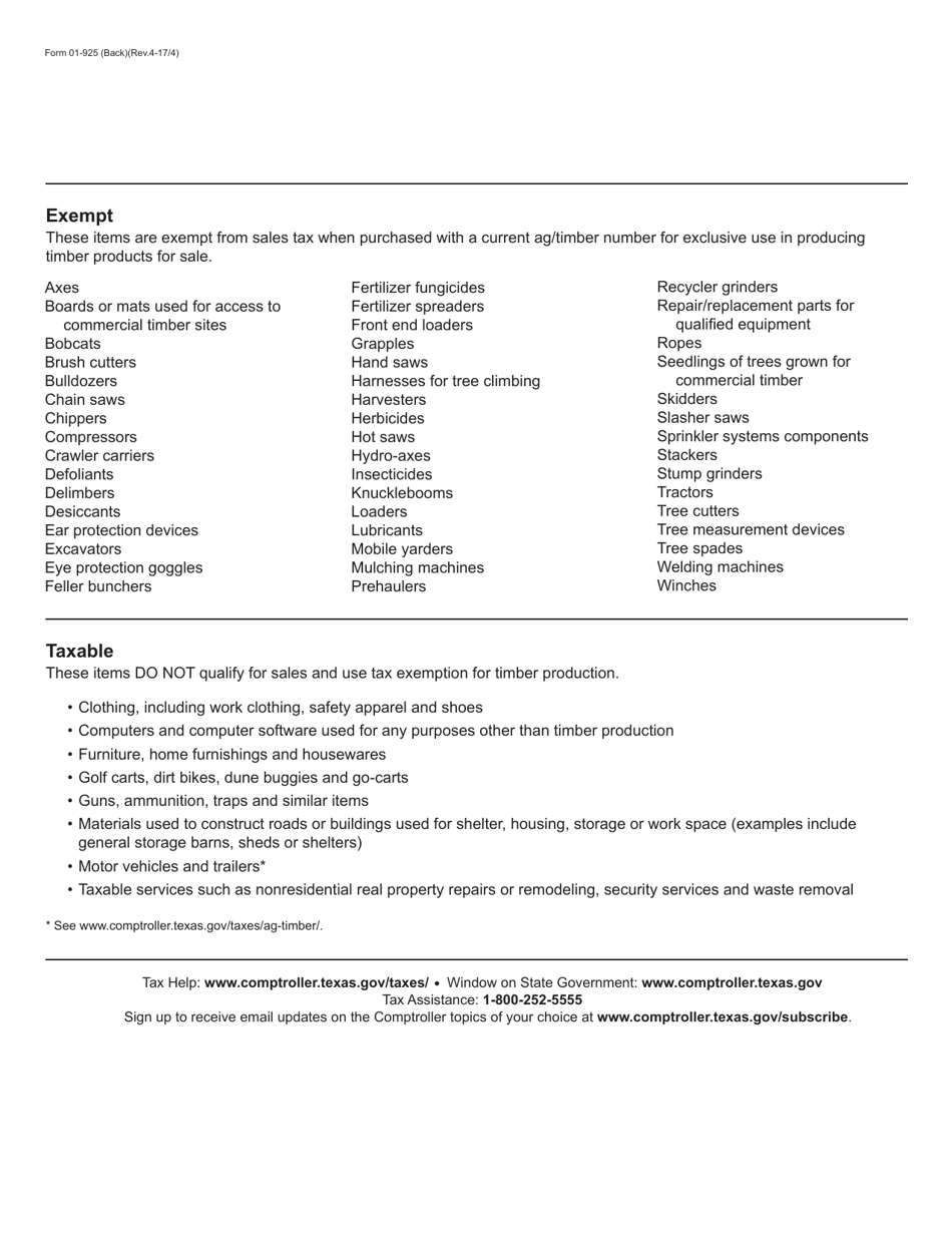 Form 01-925 Texas Timber Operations Sales and Use Tax Exemption Certificate - Texas, Page 2