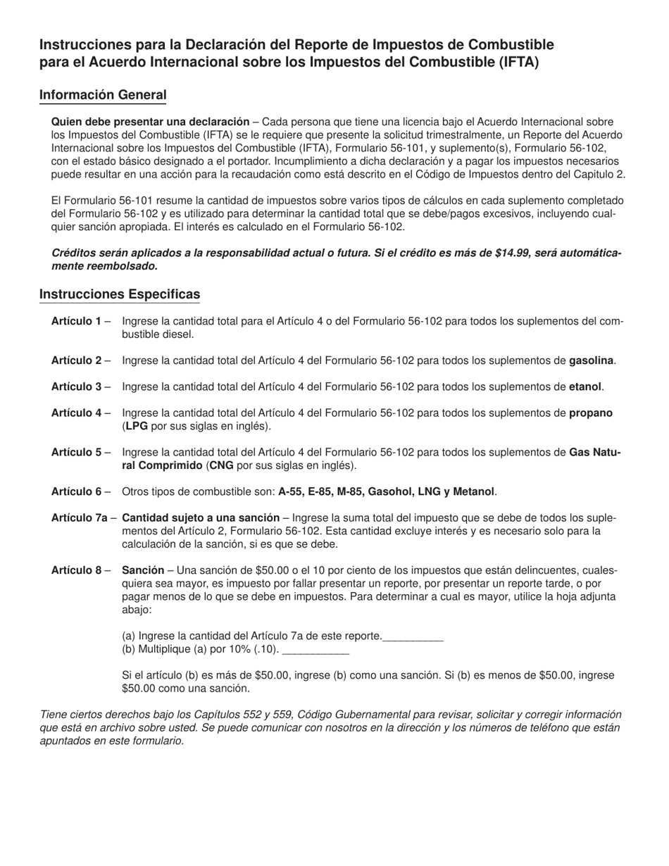 Instrucciones para Formulario 56-101 International Fuel Tax Agreement (Ifta) Fuel Tax Report - Texas (Spanish), Page 1