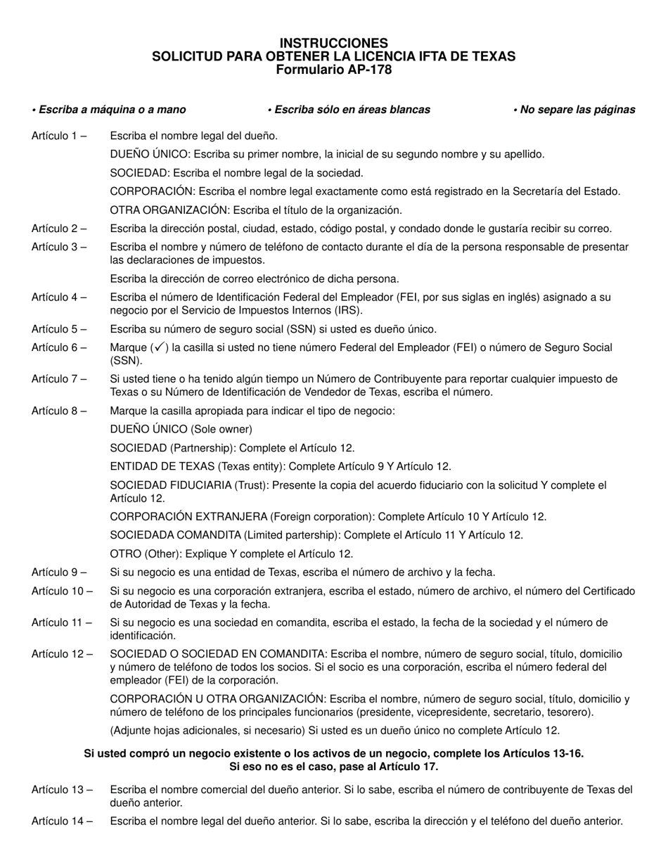 Instrucciones para Formulario AP-178 Texas Application for International Fuel Tax Agreement (Ifta) License - Texas (Spanish), Page 1