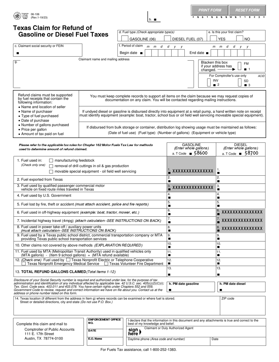 Form 06-106 Texas Claim for Refund of Gasoline or Diesel Fuel Taxes - Texas, Page 1