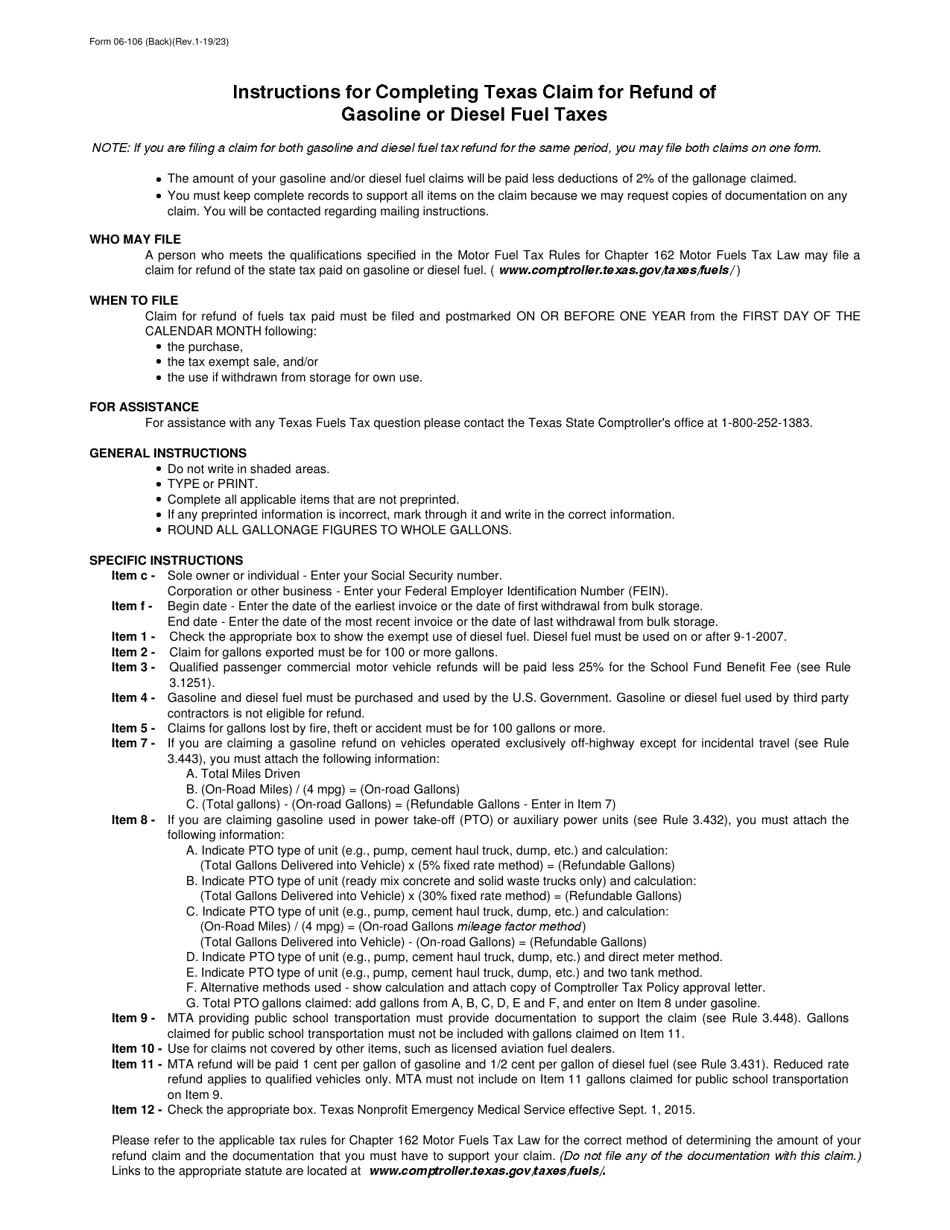 Form 06-106 Texas Claim for Refund of Gasoline or Diesel Fuel Taxes - Texas, Page 2