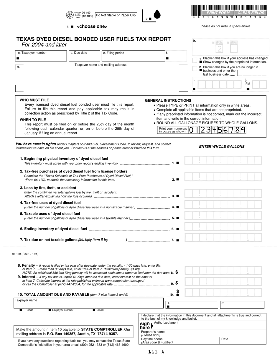 Form 06-169 Texas Dyed Diesel Bonded User Fuels Tax Report for 2004 and Later - Texas, Page 1