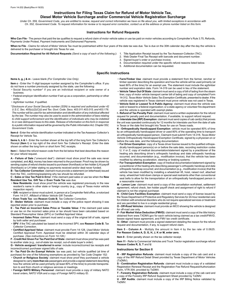 Form 14-202 Texas Claim for Refund of Motor Vehicle Tax, Diesel Motor Vehicle Surcharge and / or Commercial Vehicle Registration Surcharge - Texas, Page 2