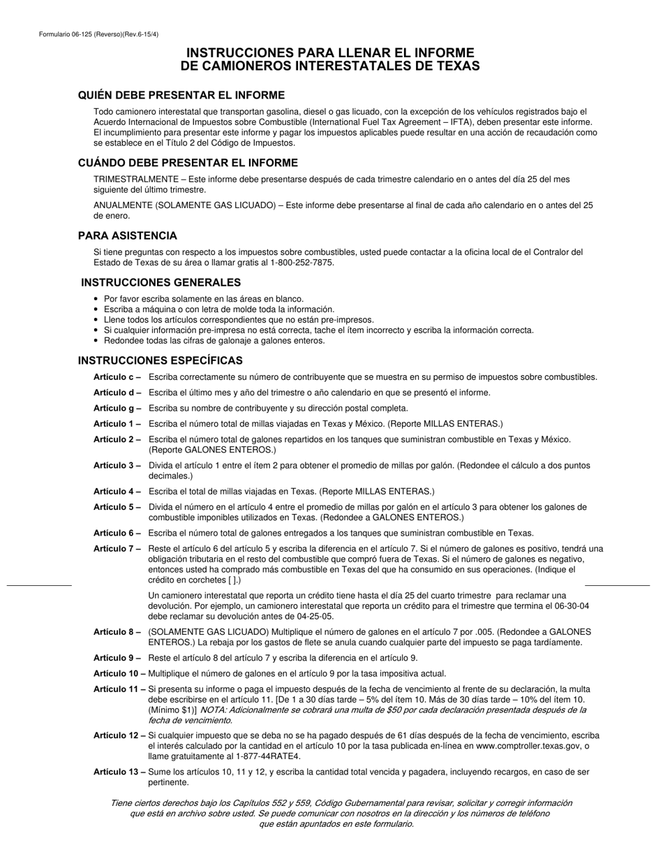Instrucciones para Formulario 06-125 Llenar El Informe De Camioneros Interestatales De Texas - Texas (Spanish), Page 1