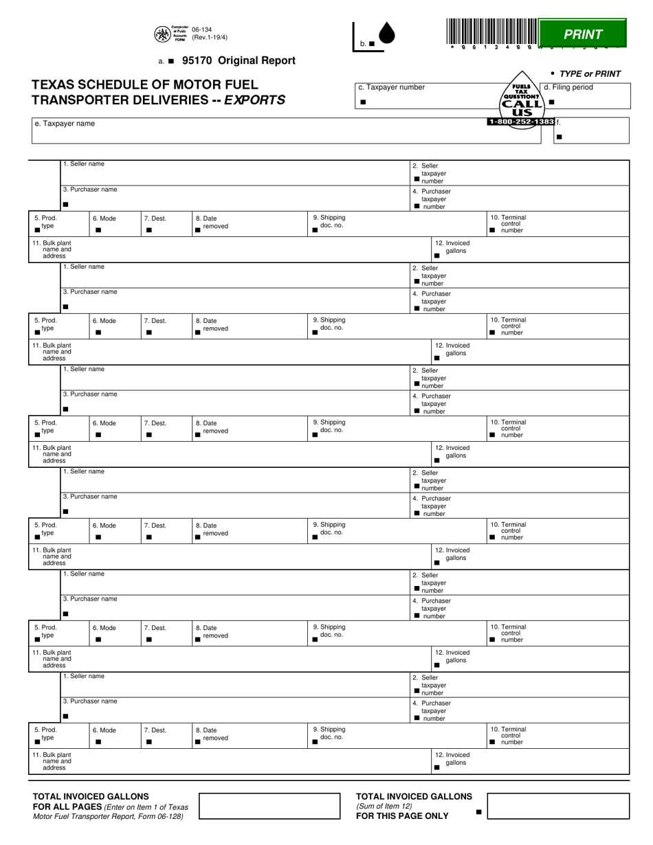 Form 06-134 Texas Schedule of Motor Fuel Transporter Deliveries - Exports - Texas, Page 1