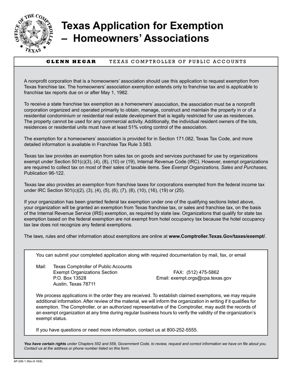 Form AP-206 Texas Application for State Tax Exemption for Homeowners Associations - Texas, Page 1