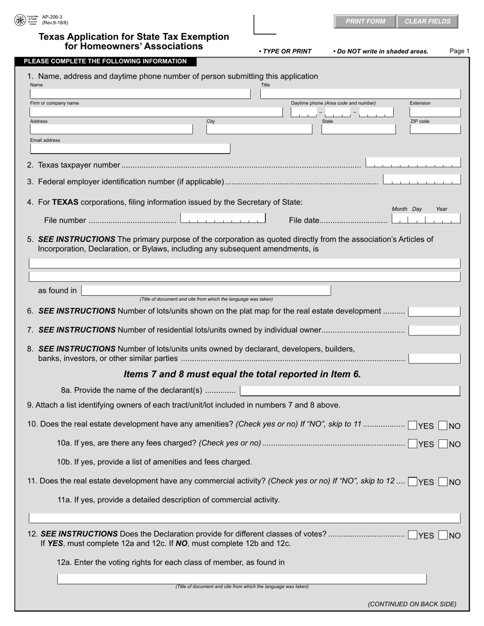 Form AP-206 Texas Application for State Tax Exemption for Homeowners Associations - Texas, Page 3