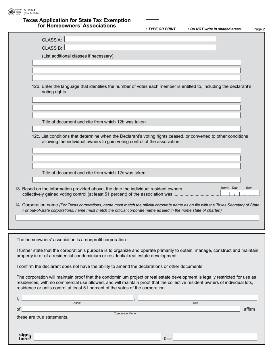 Form AP-206 Texas Application for State Tax Exemption for Homeowners Associations - Texas, Page 4