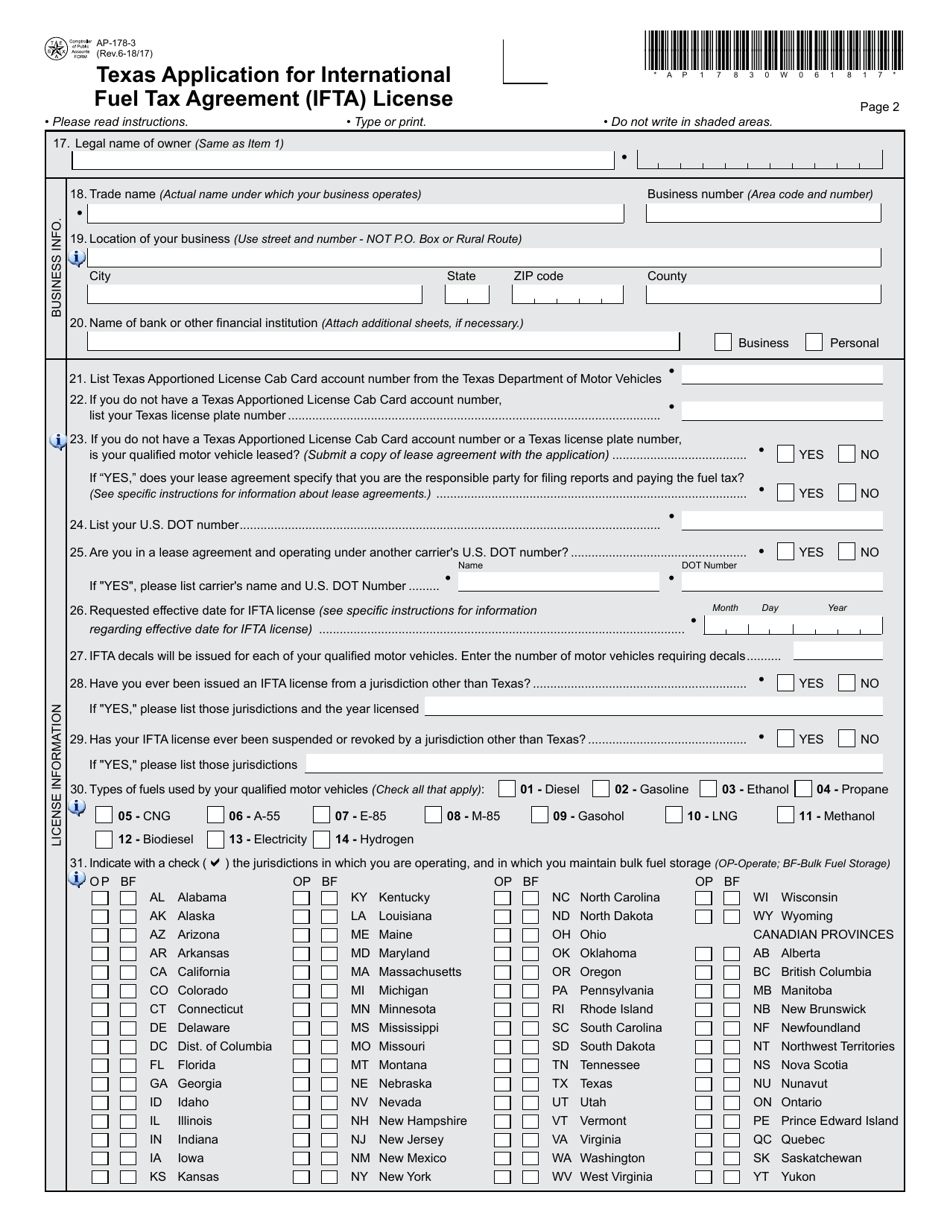 Form AP-178 Texas Application for International Fuel Tax Agreement (Ifta) License - Texas, Page 3