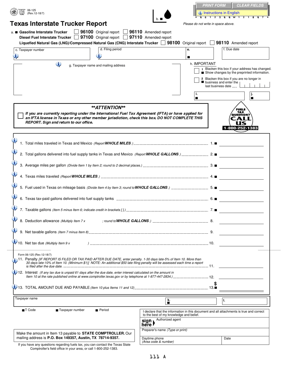 Form 06-125 Texas Interstate Trucker Report - Texas, Page 1