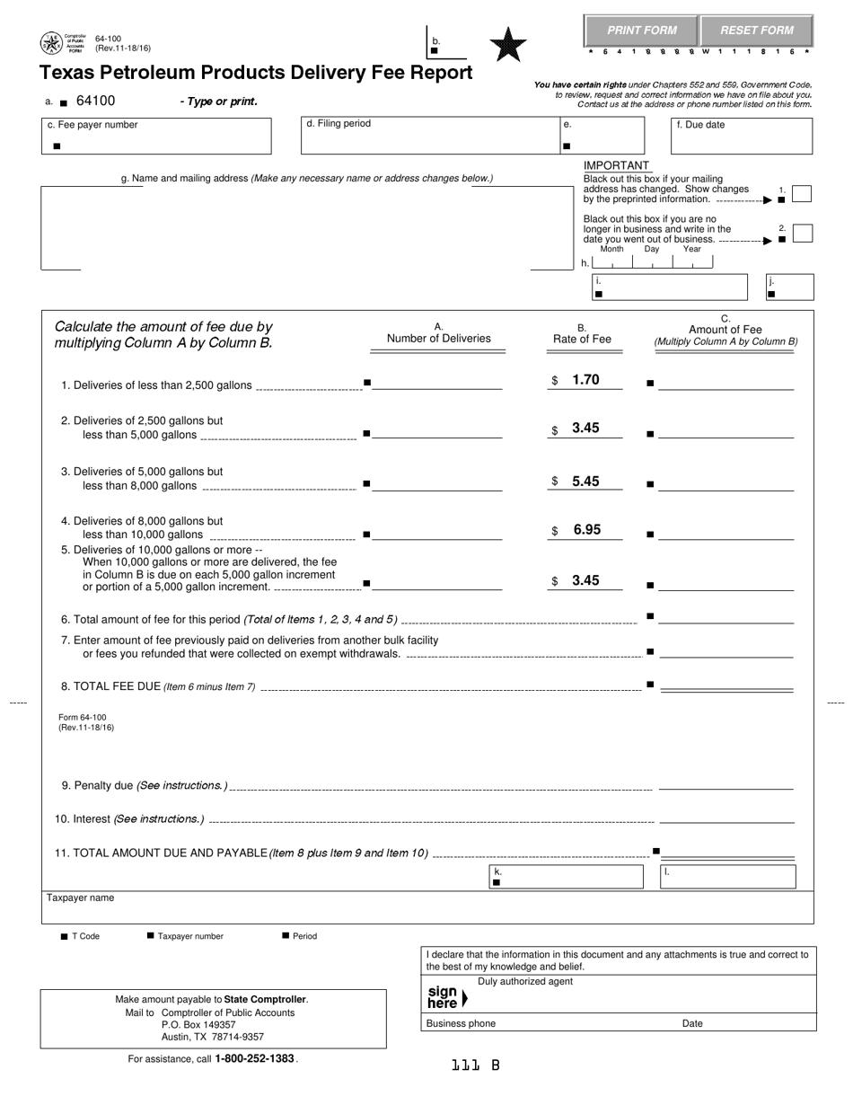 Form 64-100 Texas Petroleum Products Delivery Fee Report - Texas, Page 1