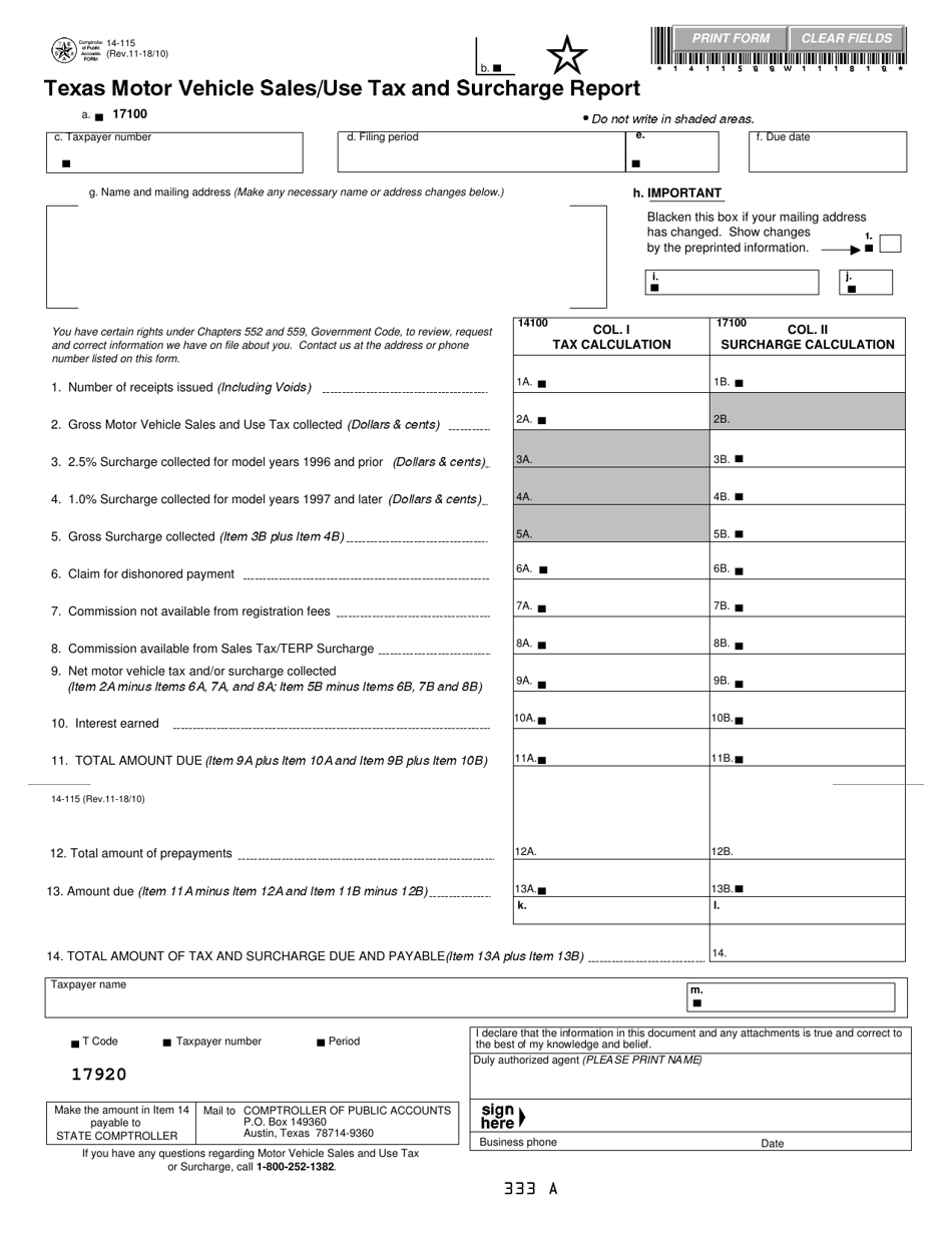 Form 14-115 Texas Motor Vehicle Sales / Use Tax and Surcharge Report - Texas, Page 1