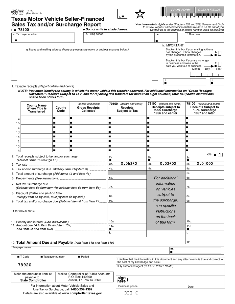 Form 14-117 Texas Motor Vehicle Seller-Financed Sales Tax and / or Surcharge Report - Texas, Page 1