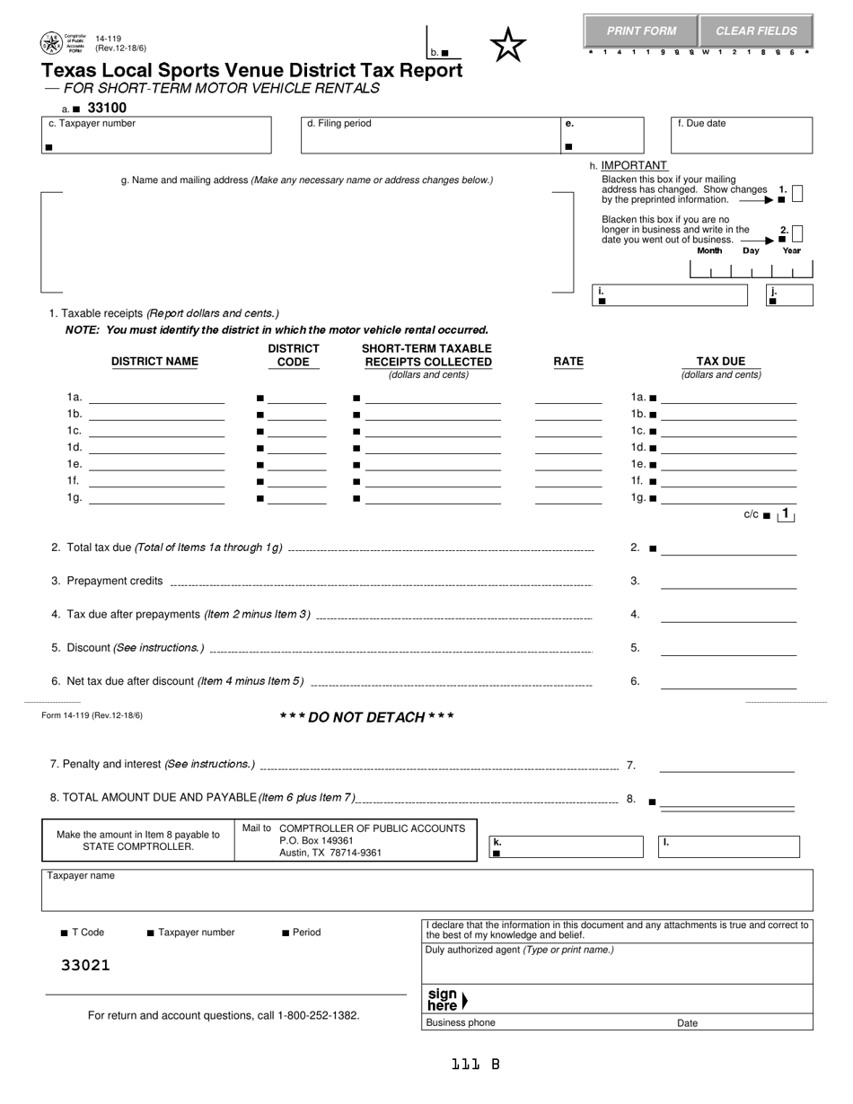 Form 14-119 Texas Local Sports Venue District Tax Report for Short-Term Motor Vehicle Rentals - Texas, Page 1