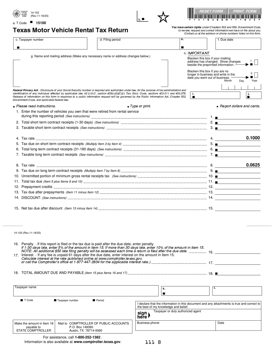 Form 14-103 Texas Motor Vehicle Rental Tax Return - Texas, Page 1