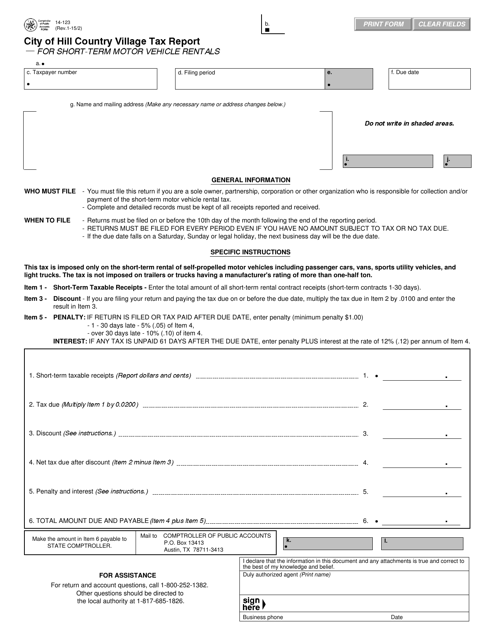 Form 14-123 Tax Report for Short-Term Motor Vehicle Rentals - City of Hill Country Village, Texas