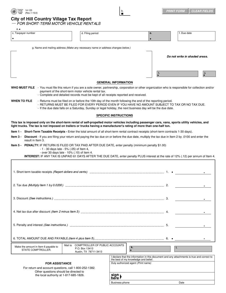 Form 14-123 Tax Report for Short-Term Motor Vehicle Rentals - City of Hill Country Village, Texas, Page 1
