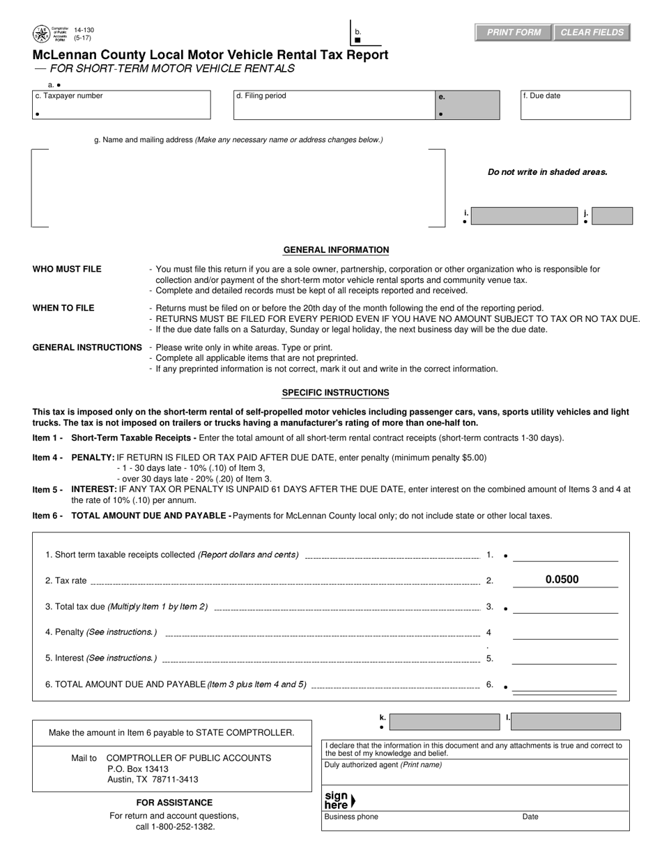 Form 14-130 Local Motor Vehicle Rental Tax Report for Short-Term Motor Vehicle Rentals - McLennan County, Texas, Page 1