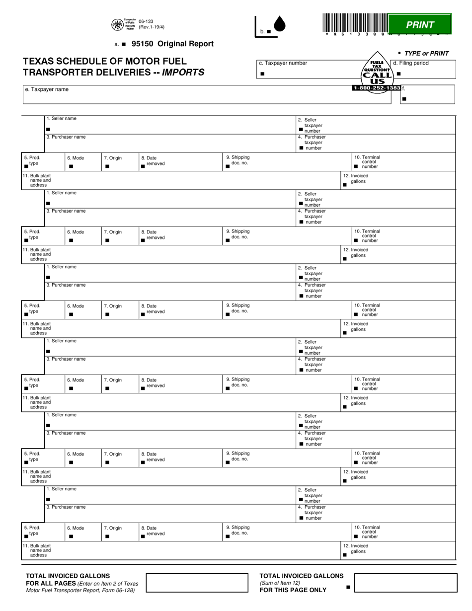 Form 06-133 Texas Schedule of Motor Fuel Transporter Deliveries - Imports - Texas, Page 1