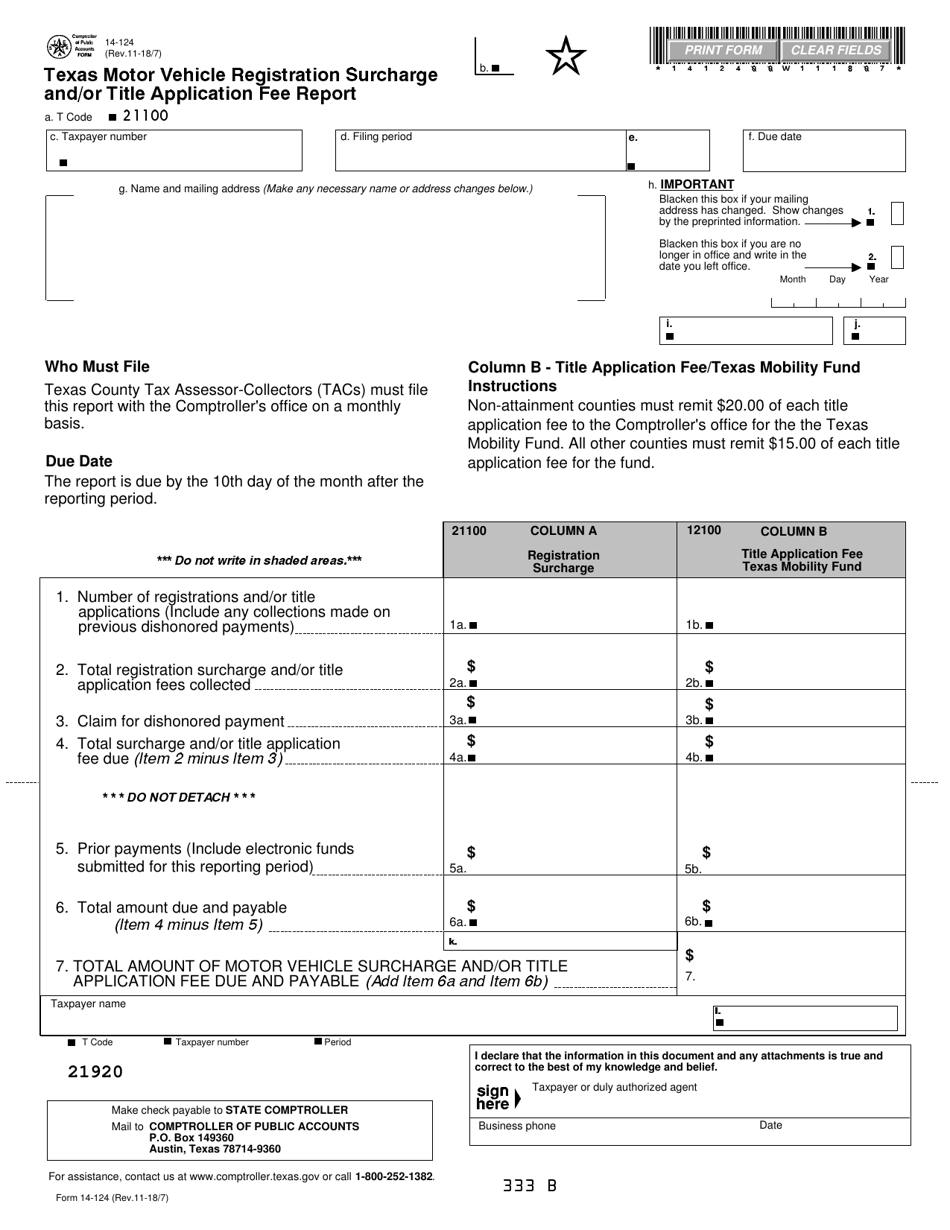 Form 14-124 Texas Motor Vehicle Registration Surcharge and / or Title Application Fee Report - Texas, Page 1