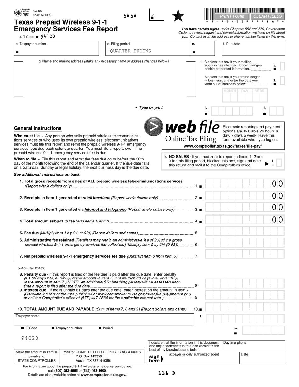 Form 54-104 Texas Prepaid Wireless 9-1-1 Emergency Services Fee Report - Texas, Page 1