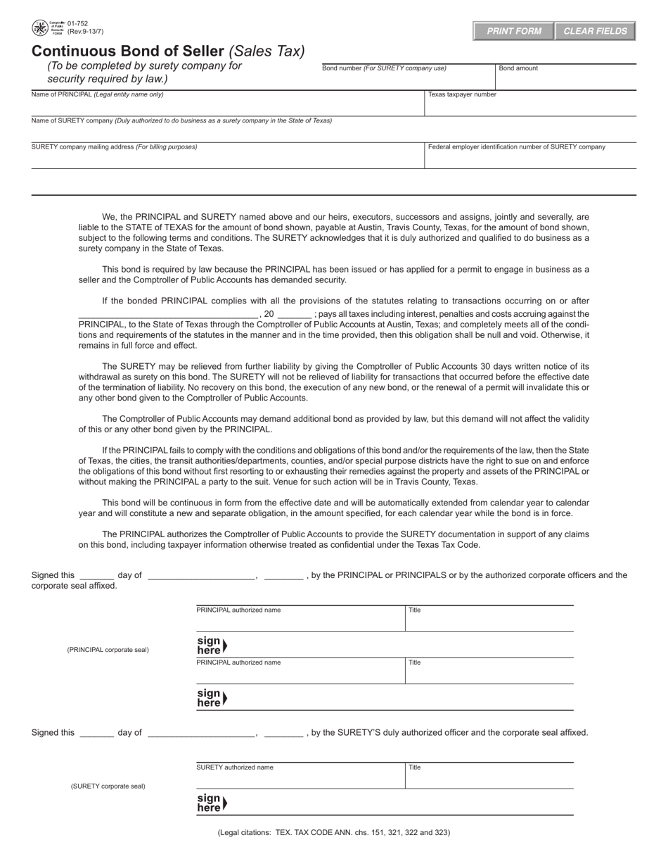 Form 01-752 Continuous Bond of Seller (Sales Tax) - Texas, Page 1