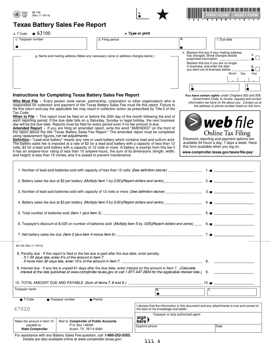 Form 66-102 Texas Battery Sales Fee Report - Texas, Page 1