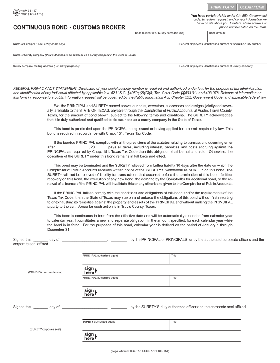 Form 01-147 Continuous Bond - Customs Broker - Texas, Page 1