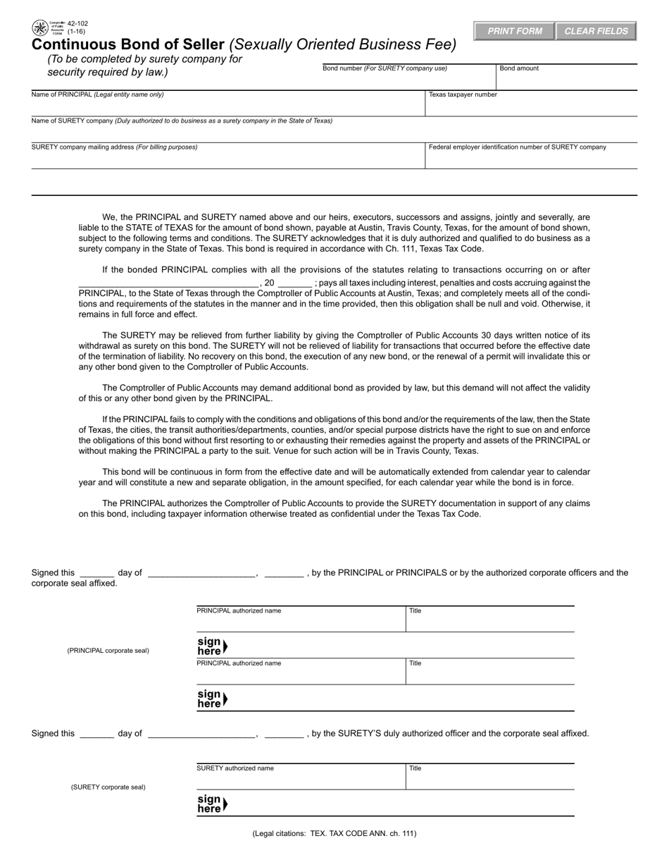 Form 42-102 Continuous Bond of Seller (Sexually Oriented Business Fee) - Texas, Page 1