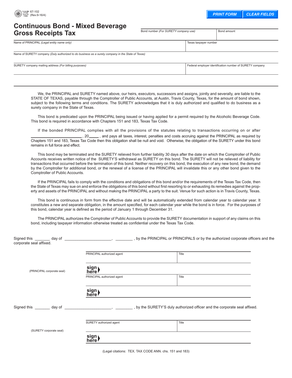 Form 67-102 Continuous Bond - Mixed Beverage Gross Receipts Tax - Texas, Page 1