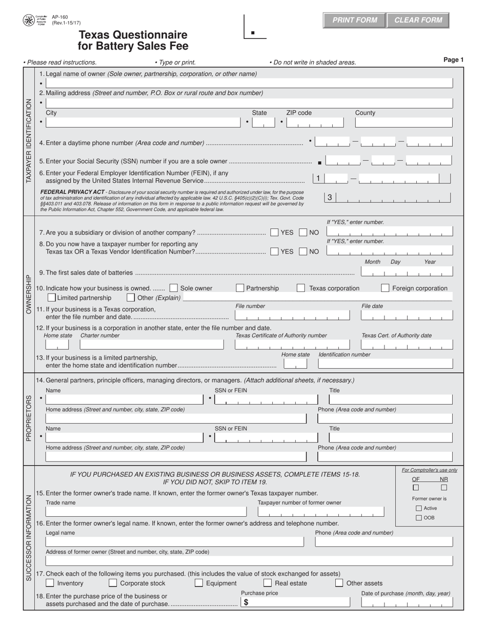Form AP-160 Texas Questionnaire for Battery Sales Fee - Texas, Page 1
