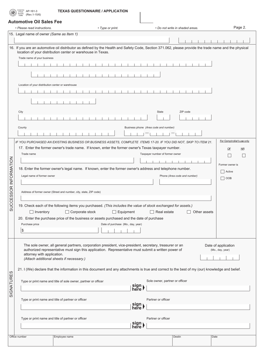 Form AP-161 Texas Questionnaire / Application for Automotive Oil Sales Fee - Texas, Page 3