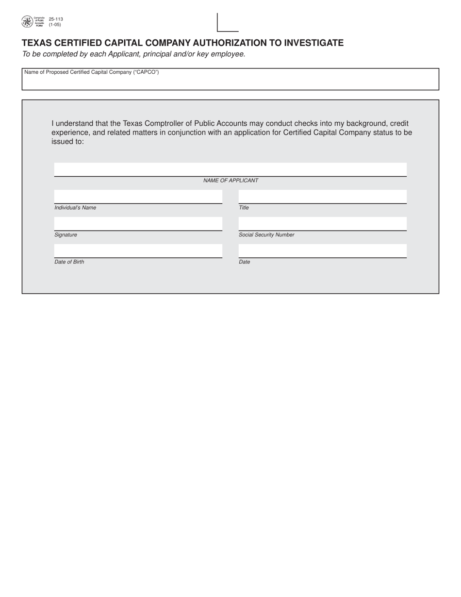 Form 25-113 Certified Capital Company Authorization to Investigate - Texas, Page 1