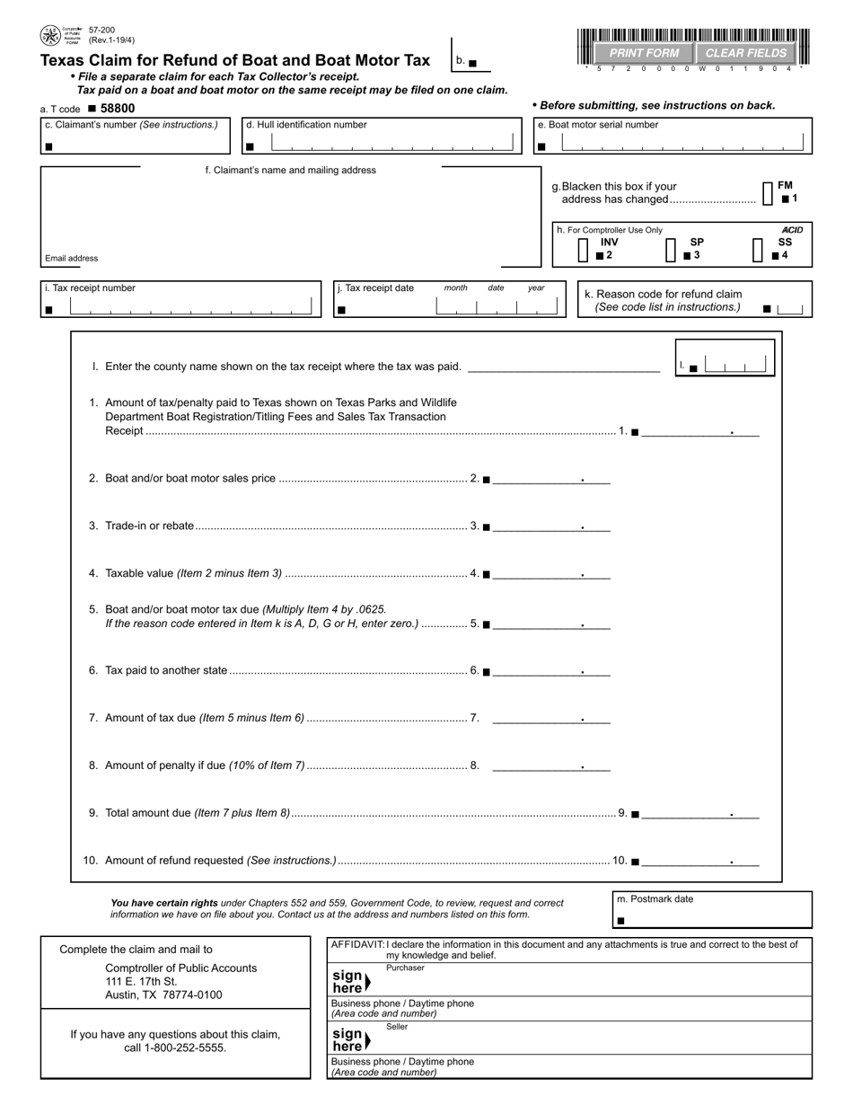 Form 57-200 Texas Claim for Refund of Boat and Boat Motor Tax - Texas, Page 1