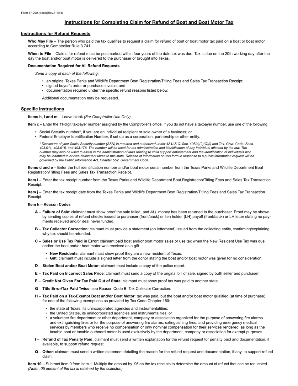 Form 57-200 Texas Claim for Refund of Boat and Boat Motor Tax - Texas, Page 2