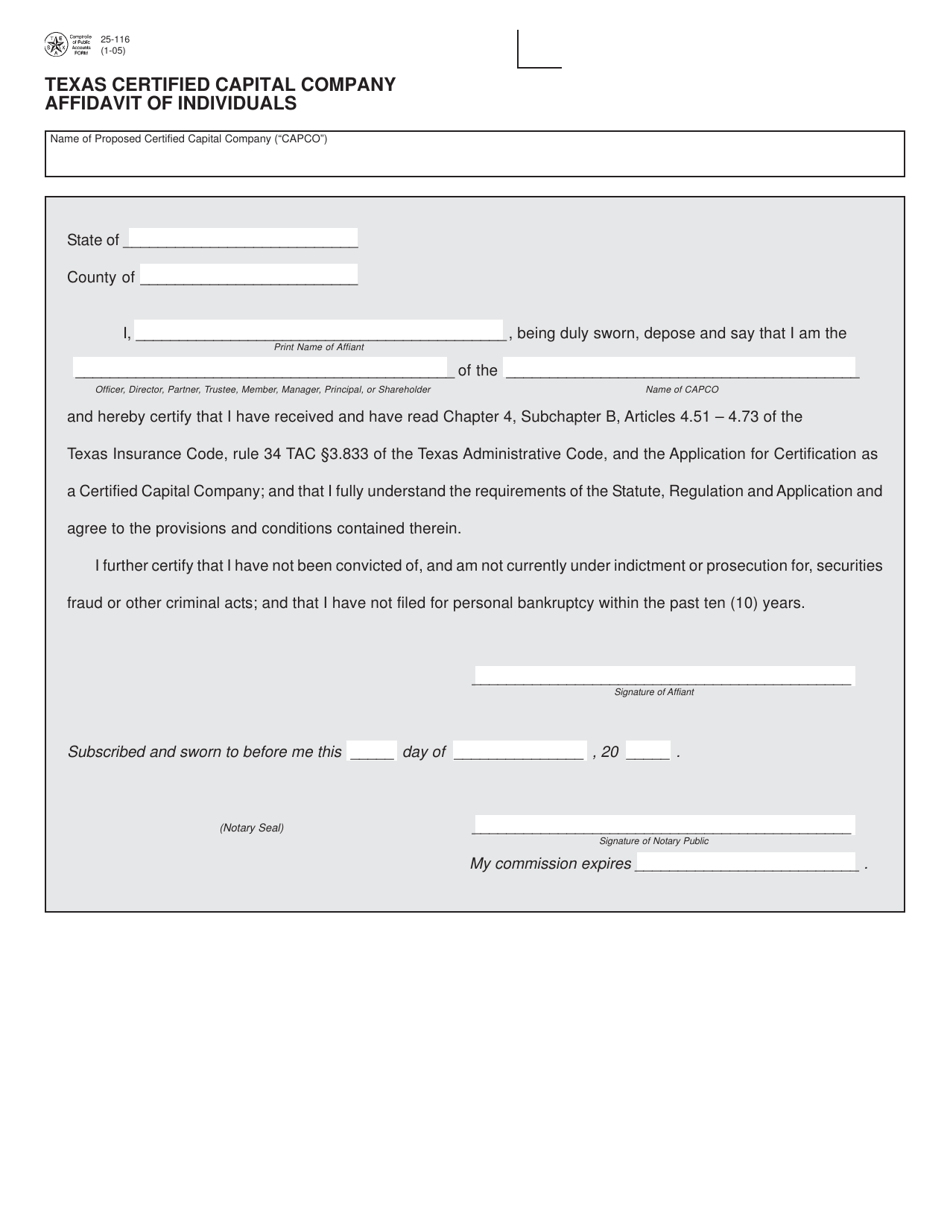 Form 25-116 Texas Certified Capital Company Affidavit of Individuals - Texas, Page 1