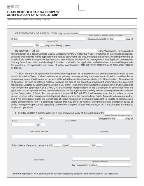 Form 25-111 Texas Certified Capital Company Certified Copy of a Resolution - Texas