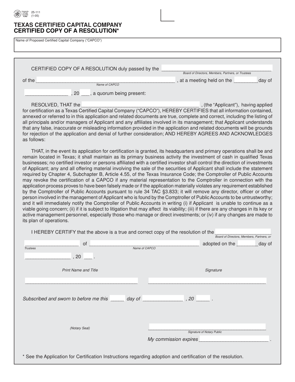 Form 25-111 Texas Certified Capital Company Certified Copy of a Resolution - Texas, Page 1