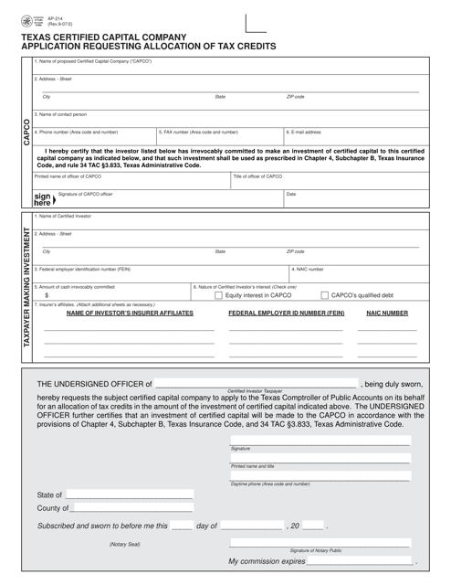 Form AP-214 Texas Certified Capital Company Application Requesting Allocation of Tax Credits - Texas